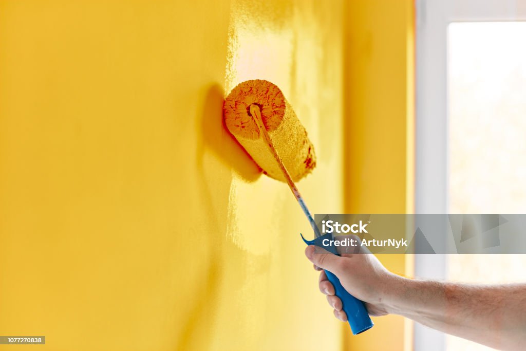 Male hand painting wall with paint roller. Painting apartment, renovating with sunflower color paint