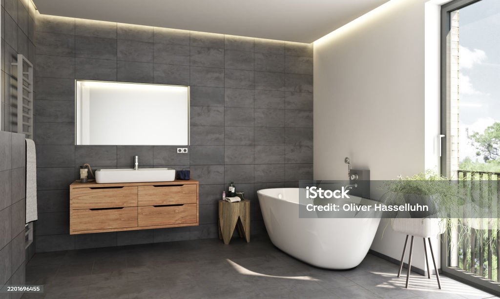 3d rendering of a modern bathroom with a freestanding bathtub and gray tiles
